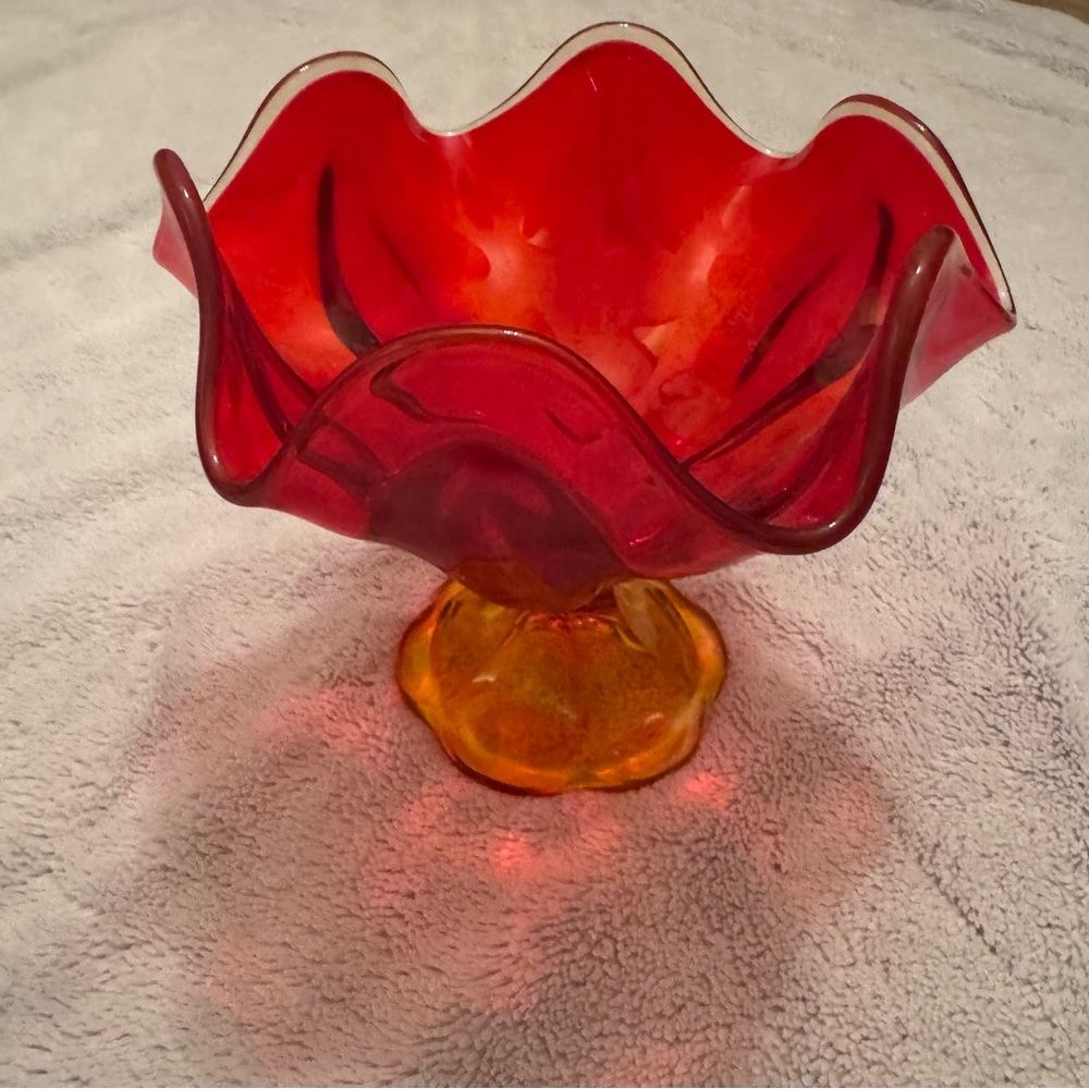 Vintage Amberina‎ Glass Compote Dish Red & Orange Ruffled Pedestal